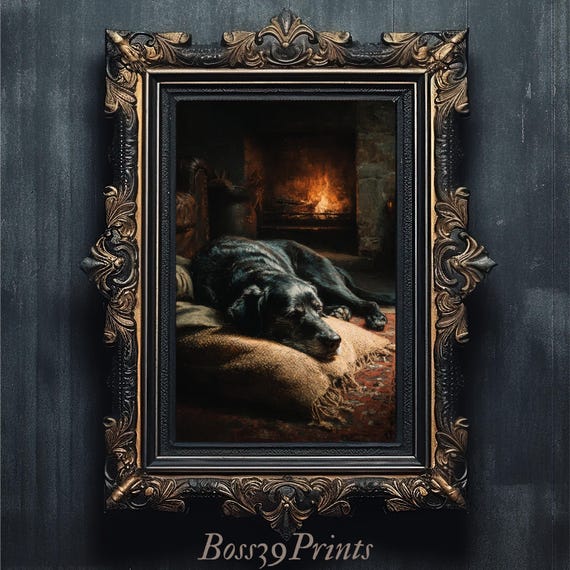 Cozy Dog Wall Art | Moody Fireside Oil Painting #3-06 - Etsy Ireland